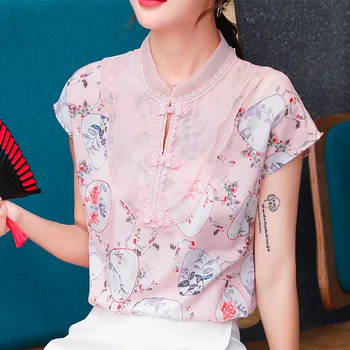 Naiste Hiina Stiilis Qipao Tops Retro Elegantne Cheongsam Pluus Lady Vintage Õie Printida Pits T-Särk, Lühikese Varrukaga Särgid, Riided