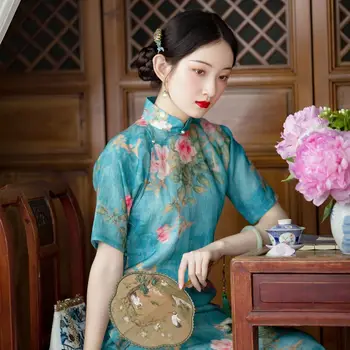 2023 Hiina stiilis kleit naiste traditsiooniline cheongsam qipao lill trükkimine festival qipao idamaise traditsioonilise pika qipao a46