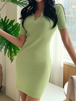 Suvel Õhuke Kootud Mini Kleit Naiste Lühikese Varrukaga Kleidid Turn-down) Krae Slim korea Mood Riided Vestidos De Mujer 2022