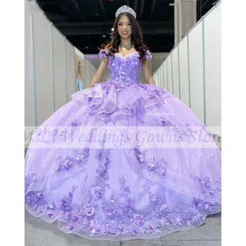 Ehitud Lilla Quinceanera Kleidid Palli Kleit Magus 16 Tüdrukud 3D Lilled Astmeline Elegantne Prom Kleit Vestidos De 15 Aastat