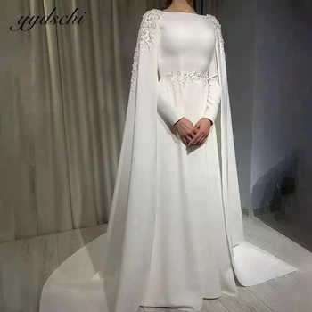 2022 Moslemi White Satin Pulm Kleidid Cape Pikad Varrukad-Line Lihtne Pulm Kleit Elegantne Pühkima Rongi Vestido De Novia