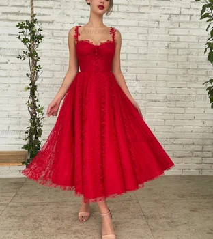 Sexy Red Prom Kleidid 2022 Elegantne Prom Hommikumantlid Lühike Kullake Tagasi Tõmblukk Tee-Pikkus Pits Lõpetamist Poole Hommikumantlid