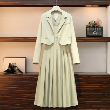 Uus Naiste Kevad Suvi 2 Töö Seab Lady Fashion Elegantne Slim Crop Mantel Pintsak Camisole Plisseeritud-line Kleit 2-osaline Ülikond Komplekti