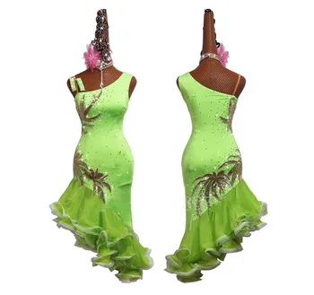 Uus Ladina Tantsu Seelik Naiste Tikitud Fluorestseeruv Roheline Ladina Tantsu Kleit Konkurentsi Sooritades Kostüümid Fishbone Seelik