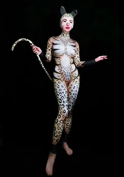 Kass Leopardi Mustriga Loomade Roll Tulemuslikkuse Jumpsuits Peakatet Naiste Halloween Cosplay Kostüüm Baari Poole Elastne Etapp Kanda