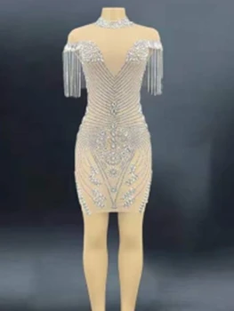 Alasti Säravad Kivid Tutt Crystal Seksikas Backless Kleit Naistele Õhtu Pool Riided Etapp Laulja Kostüümid Sünnipäeva Kanda
