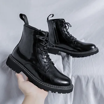 meeste casual originaal nahast saapad lace-up-platform kingad musta trend kauboi boot kevad sügis härrasmees jalatsid pahkluu botas
