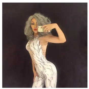 Ööklubi Laulja Tantsu Riided Seksikas Rhinestone Kombekas Naiste Valge Sulg 3D Trükitud Bodysuit Kive Etapp Sipukad Vestido