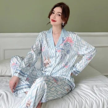Uus Kevad-Sügis Naiste Pidžaama Sleepwear Kahe-Osaline Komplekt, Blue Print Lill, Pikk Varrukas Pükste Sobib Vabaaja Satiin Homewear Pyjama