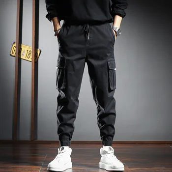 Kottis Sügisel Meeste Must Cargo Püksid Hip-Hop Korea Streetwear Puuvillane Nöör Lahti Joggers Püksid