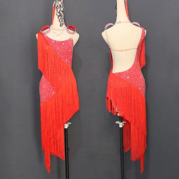 Kogu Keha Rhinestone Ladina Tantsu Kleit Naine Professionaalne Konkurents, Kostüümid, Naiste Seksikas Tüdrukud Backless Fringed Red Seelik