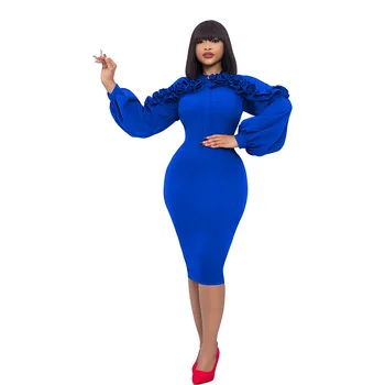 2023-Aafrika Kleidid Naistele Elegantne Aafrika Pikad Varrukad O-kaeluse Polüester Värviga Põlve pikkusega Kleit Aafrika Midi Kleidid