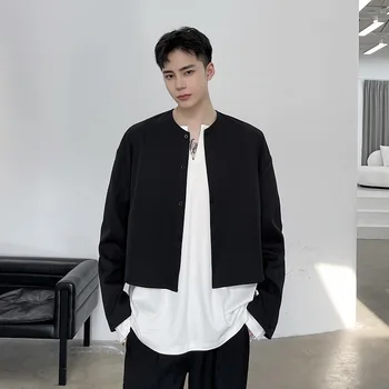 Uus Meeste Pikk Varrukas Vabaaja Lahti Lühike Stiilis Särk, Mantel Ülerõivad Mees Jaapan Korea Streetwear Vintage Must Valge Särk