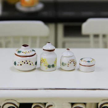 4 tükki, 1:12 Mannekeeni Maja Mööbli Komplekt Mini Portselanist keraamilised Potid Purki Maitseained Purki