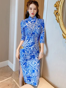 Retro Elegantne Sinine Valge Hiina Portselan Suvine Kleit Naiste Ketas Lukk Slim Pilu, Kaasaegne Cheongsam Lady Pool Kõnniteed Qipao Rüü