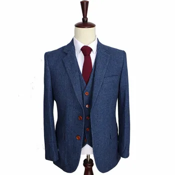 Villa Sinine Kalasaba-Tweed, Custom Made Meeste Ülikonnad Rätsepa Ülikond, Pintsak Sobib Meestele 3 Tööd (Jakk+Püksid+Vest) Kostüüm Homme