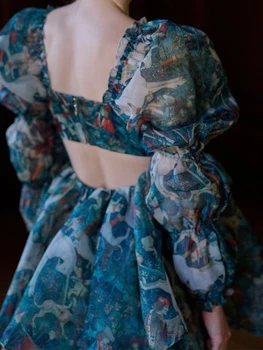 Naiste Vintage Roheline Õie Printida Organza Kleit Seksikas Tagasi Õõnes Välja Puhvis Varrukad Naiste Poole Mini Kleit Haldjas