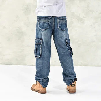 Meeste Lõtv Muti Taskud Teksad Riided Hip-Hop Püksid Mens Streetwear Tõmblukk Lai Jalg Püksid