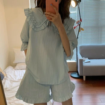 Suvel Lolita Princess Pajama Komplekti Naiste Tops+Püksid Komplekt Vintage Tüdruk Keera Krae Pidžaamad Sleepwear Siserõivad Kawaii Ülikond